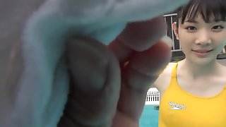 Japanese girl swim in pool with yellow swimsuit SOFT 
